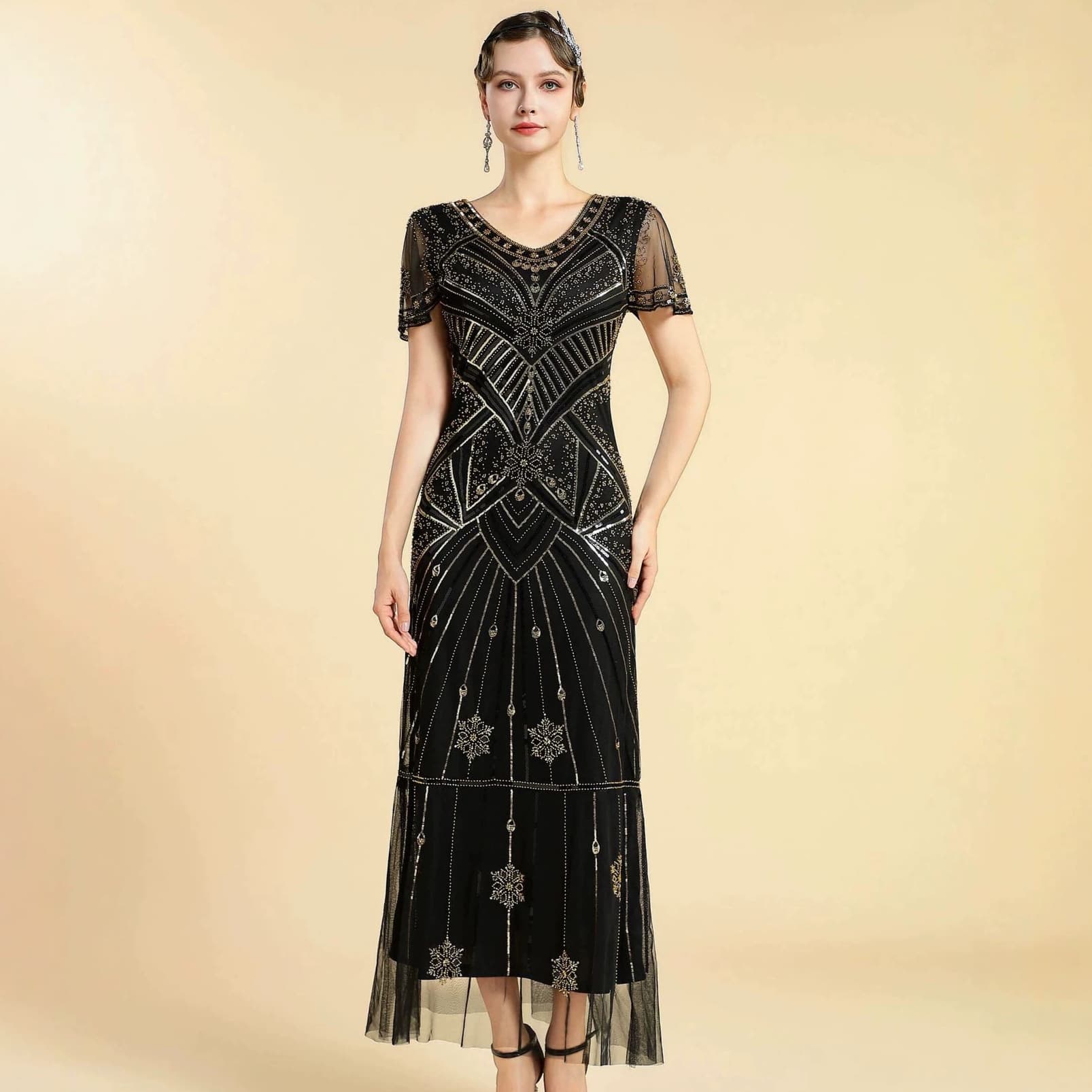 Sequin Short Sleeve Dress 1920s Vintage Gatsby Cocktail Party Plus Size Dress Amazon Cross-border