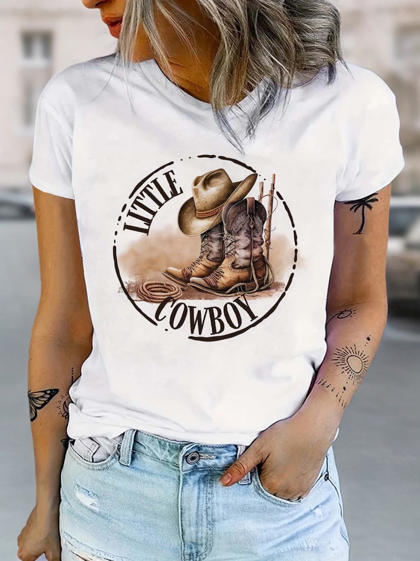 Women's Western Cowboy Pattern Short Sleeve T-Shirt - Elegant Round Neck Casual Top with "Little Cowboy" Text
