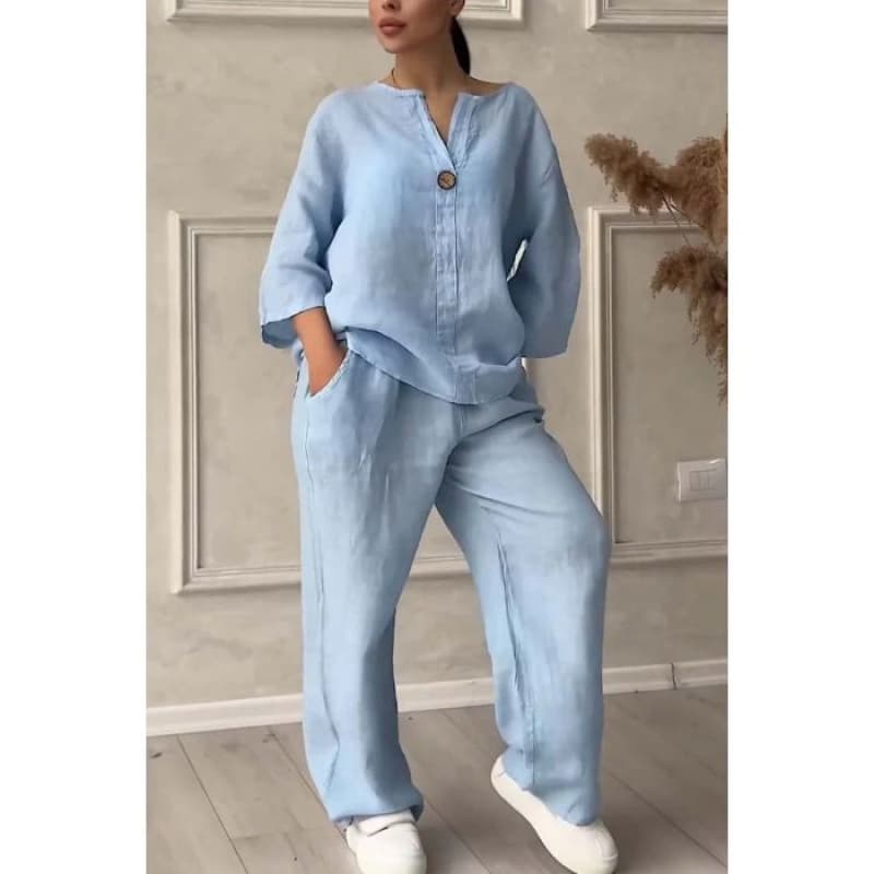 European and American Cross-Border Light Blue Loose Casual Set Women's Shirt with Wide-Leg Pants Two-Piece Set for Home and Outing Wear