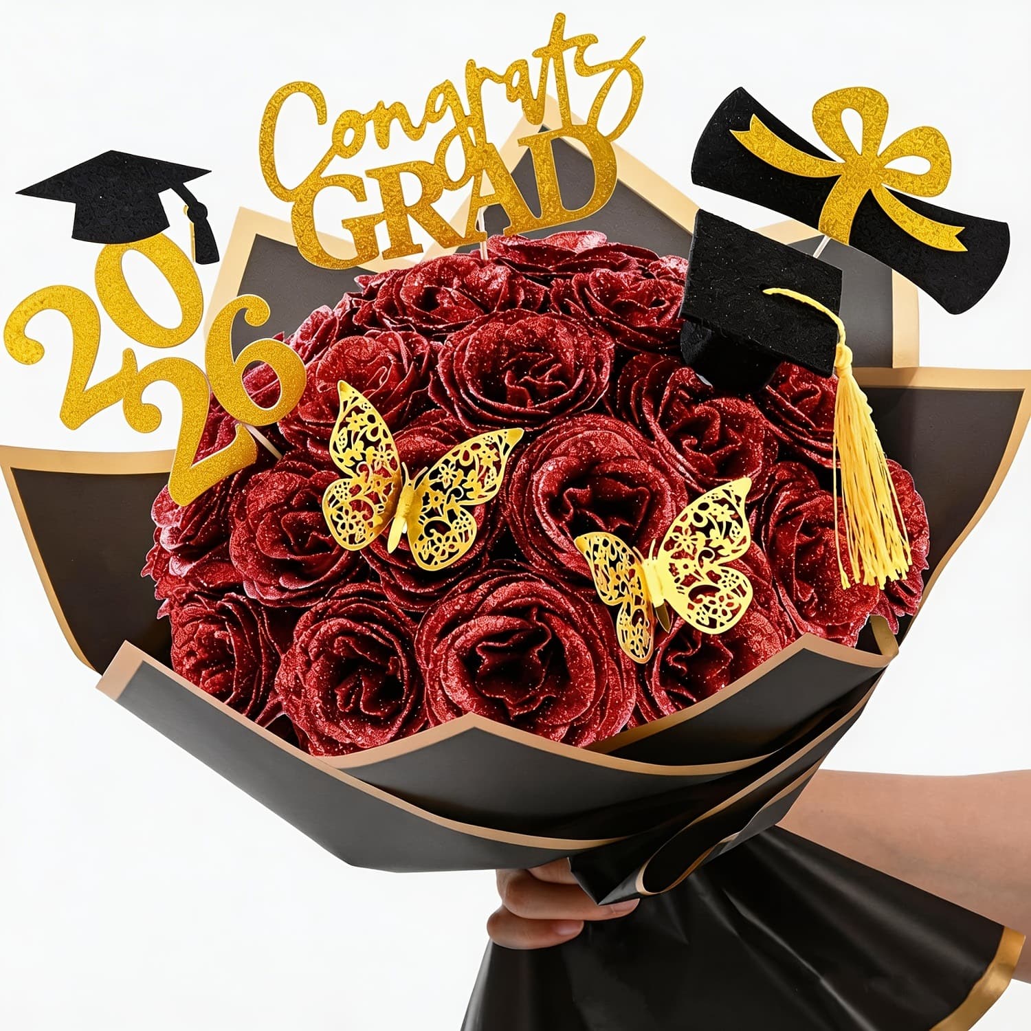 Graduation Butterfly Crown Sparkling Rose Gold Powder Bouquet Artificial Roses DIY Wrapping Paper Valentine's Day Gift