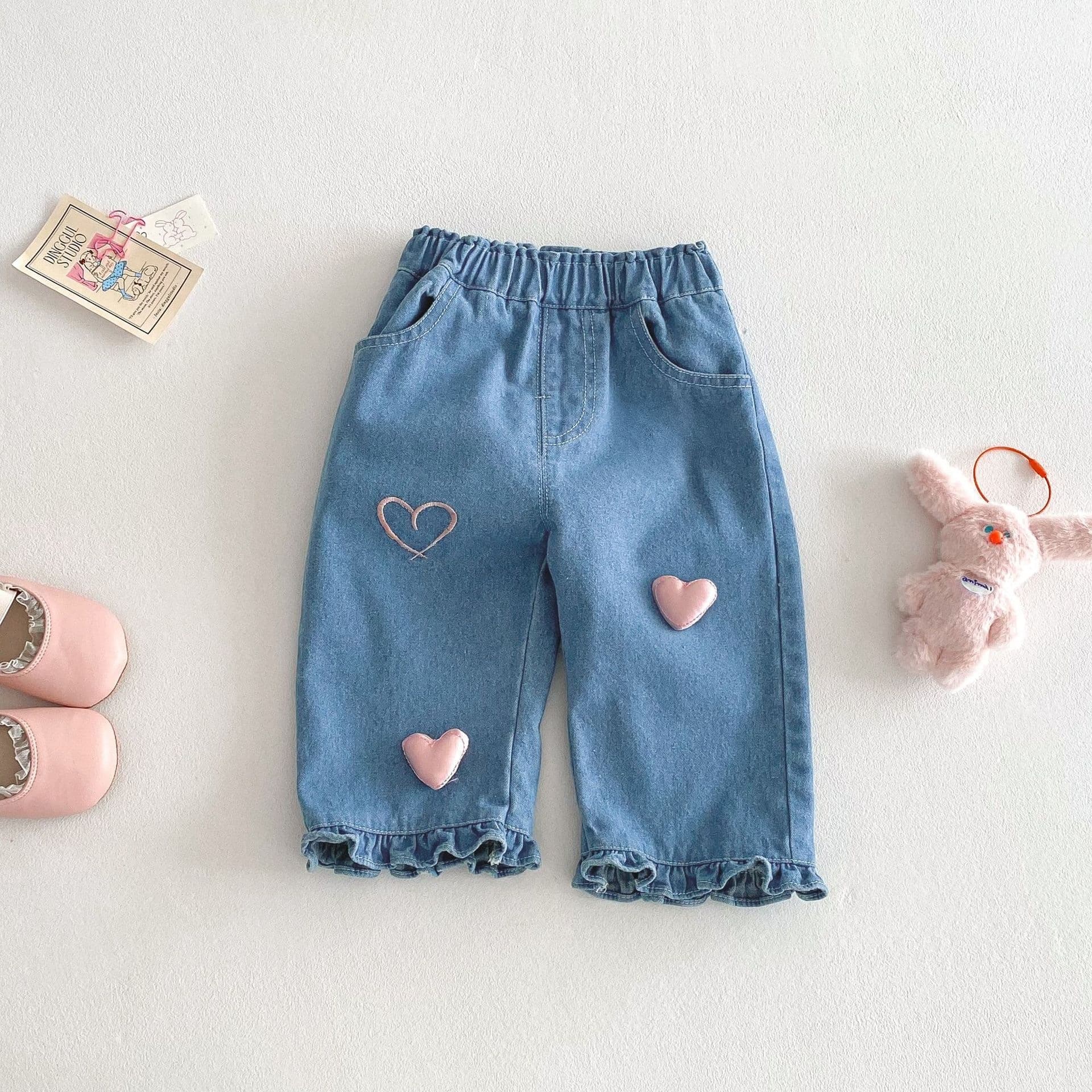 Girls' Stylish Jeans 2025 New Spring 0-5 Years Kids Korean Style Heart Pants Trendy Baby Casual Pants