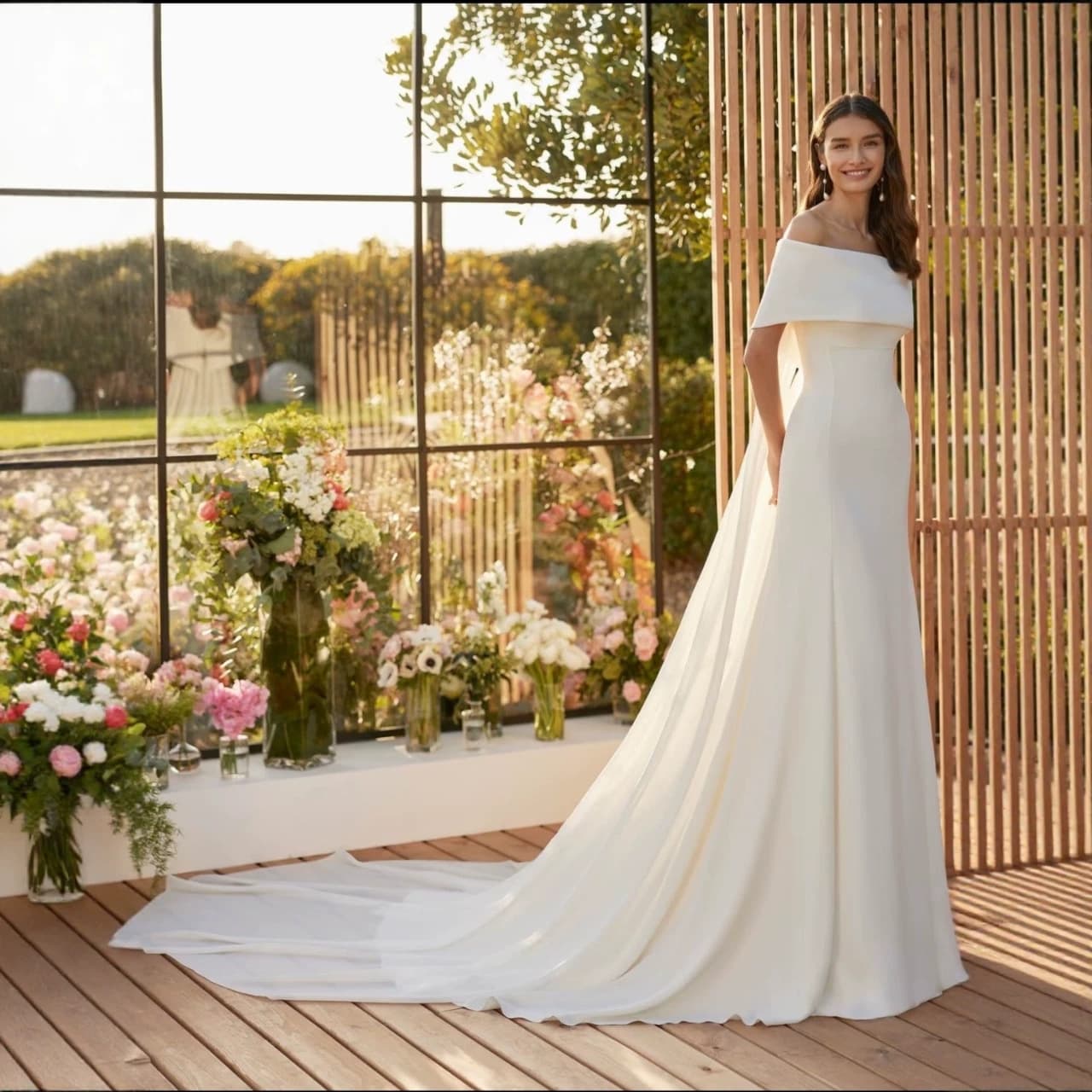 WeddingDress Bride Off-Shoulder Wedding Dress Two-Way Wear Satin Train Long Sleeve Waist-Cinching Slimming Strapless Wedding Dress