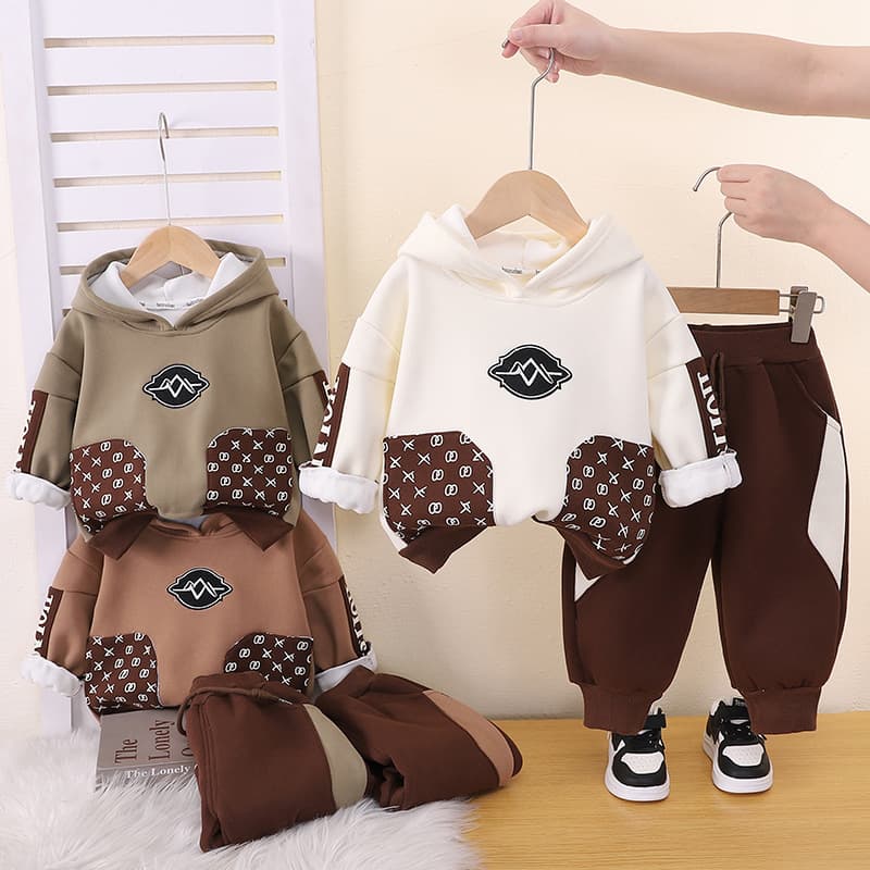 Boys' Fall Winter Set New Children's Fleece Hoodie Two-Piece Set Baby Stylish Casual Suit Wholesale