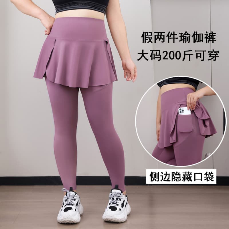 Plus Size Yoga Pants with Fake Two-Layer Skirt, High Waist Pocket Shark Pants, Thin 200 lbs Plus Size Women's Clothing for Southeast Asia Cross-Border