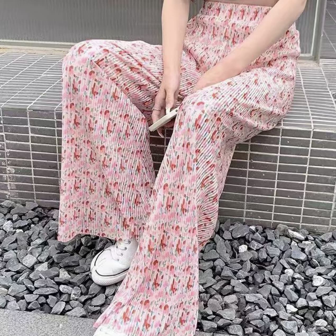 New Plus Size Home Pants Crinkled Ice Silk Casual Pants for Women Summer Thin High Waist Wide Leg Loose Floral Print Outwear