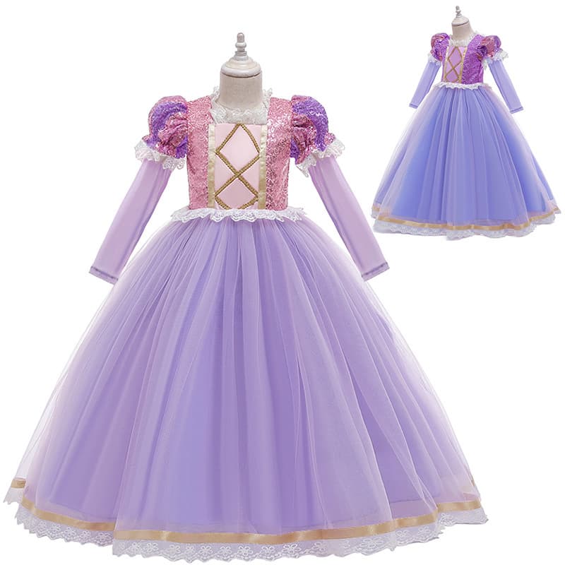 2022 Autumn New Children's Sofia Long-Haired Princess Dress Long-Sleeve Gown for Girls Mesh Birthday Party Performance