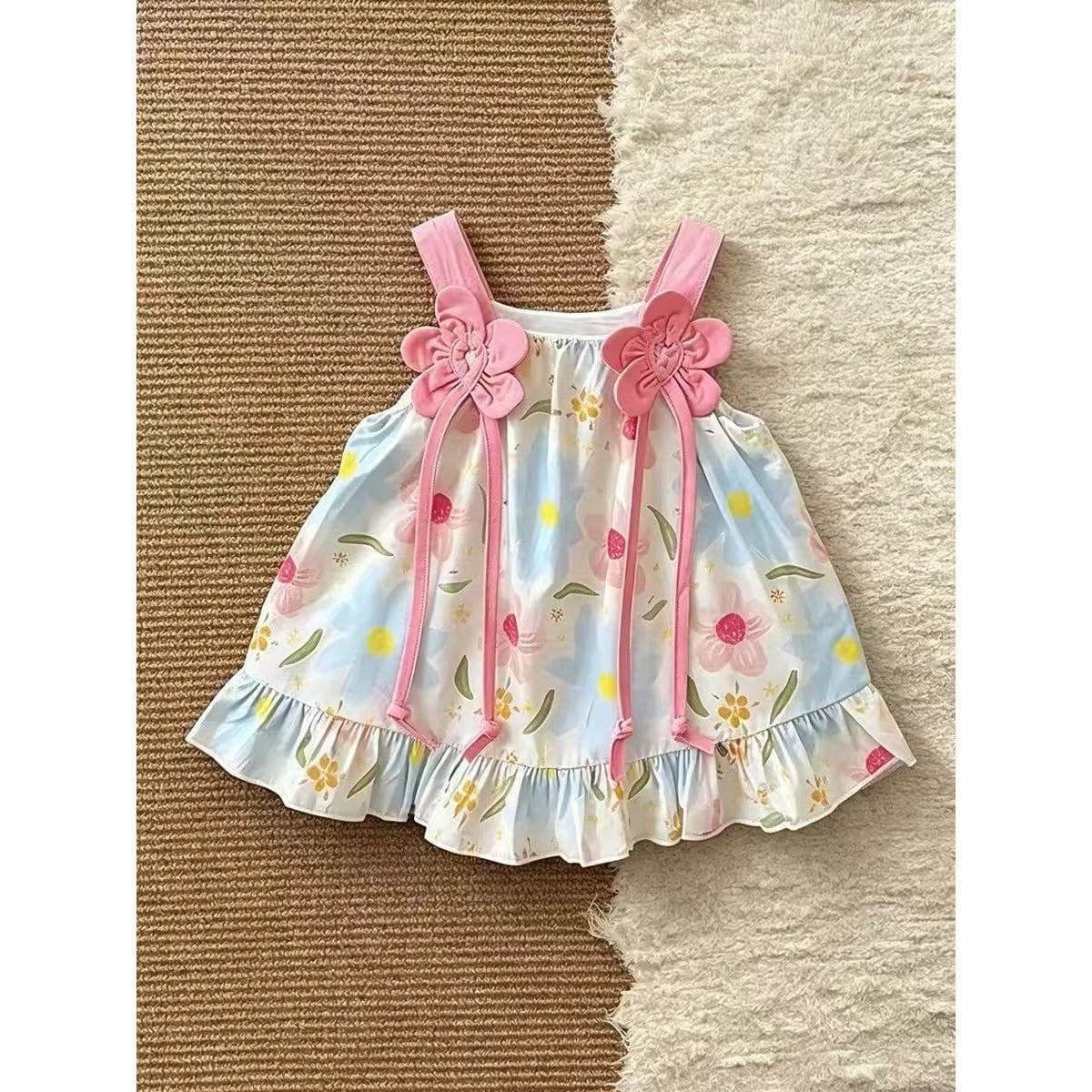 New Summer Two-Petal Strap Cotton Dress for Girls Flower Cotton Dress