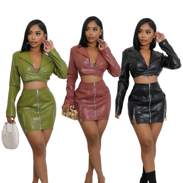 European and American clothing, fashionable commuter foreign trade best-selling model, navel-baring strap jacket, niche zipper style PU skirt suit