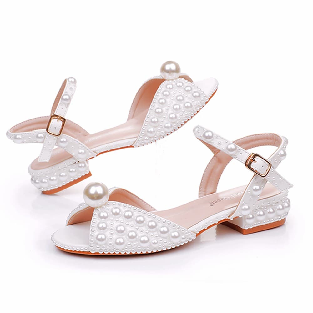2cm Comfort Low Heel Peep Toe Sandals, Shallow Mouth Mule Heel Buckle Sandals, White Beaded Bride Wedding Sandals