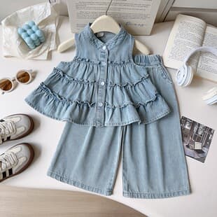 Girls' Korean Style Set Summer New Style Baby Denim Sleeveless Top Wide-Leg Pants Two-Piece Drop Shipping