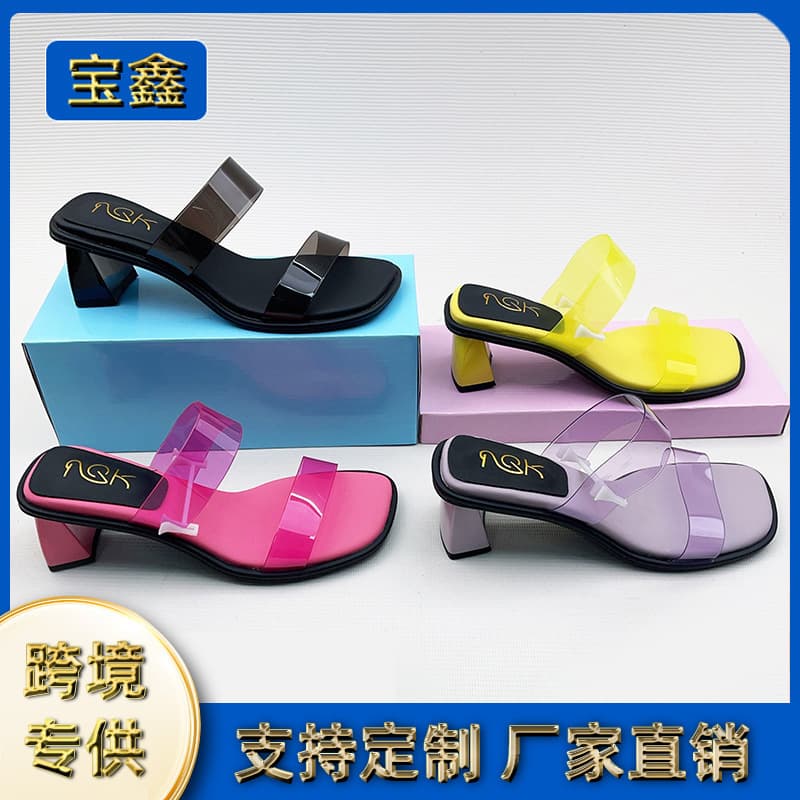 Cross-border Fashion High Heel Slides for Women Summer Transparent Solid Color Versatile Elegant Thick Heel Large Size Stiletto