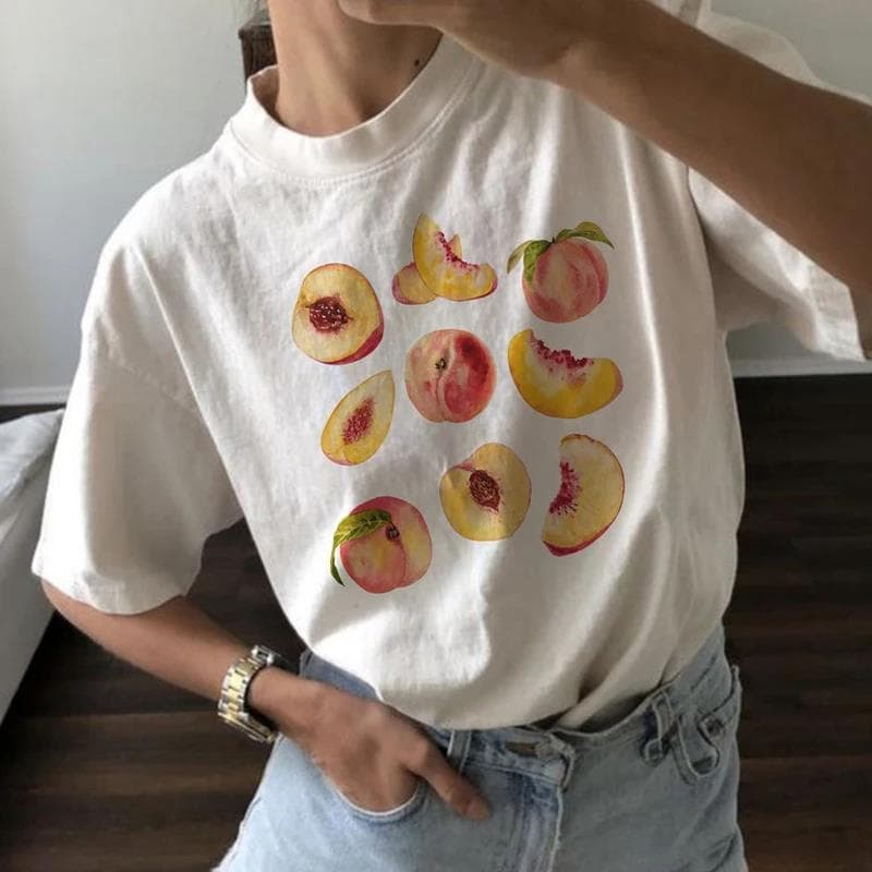 Vintage Peaches Printed Graphic Tees Women Cute Cottagecore
