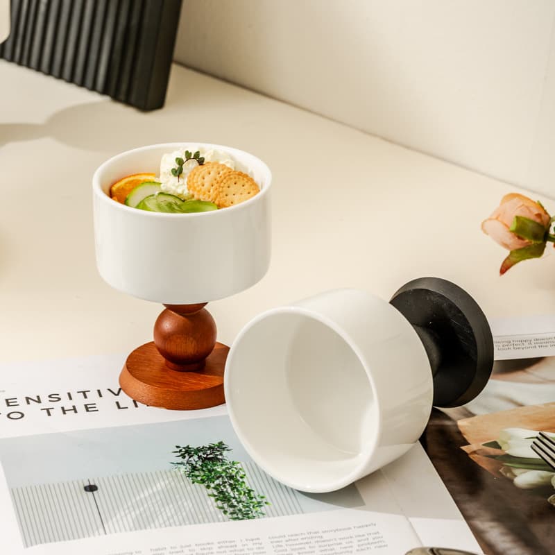 Retro ceramic goblet French ice cream cup ins pudding dessert bowl household wooden foot candle cup candle holder