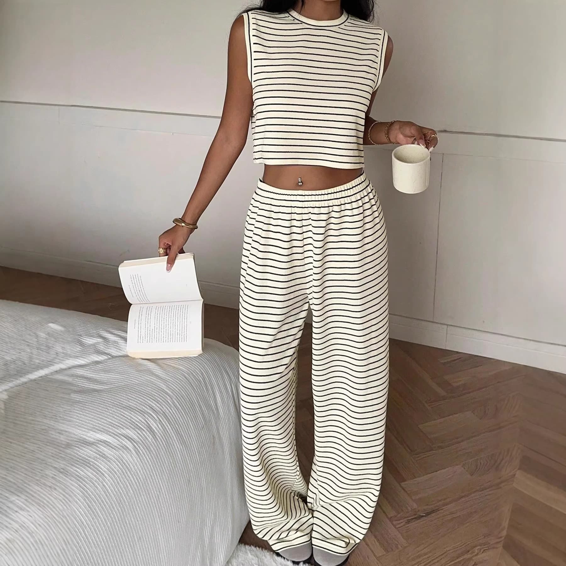 Black and white striped drapey casual pants for women, autumn straight trousers, lazy style, elastic waist, loose wide leg pants suit