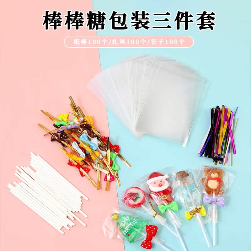 Lollipop Suit Strawberry Paper Stick Transparent Bag Tie Silk Bow Cheese Hawthorn Pear Cream Sugar Gourd Three-Piece Set