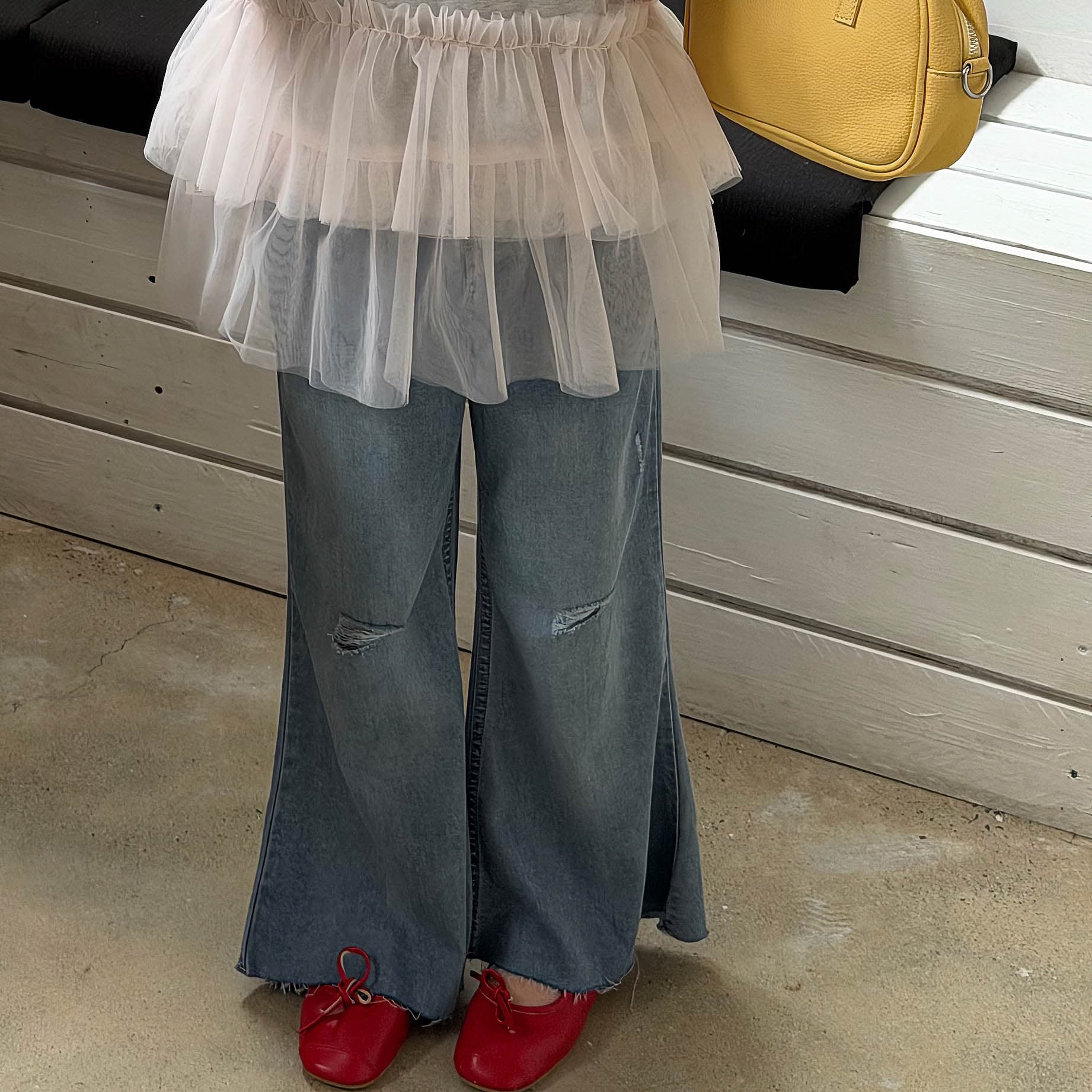 Fuguo Girls 2026 Summer New Thin Denim Long Pants Flared Pants Kids Ripped Pants Versatile Casual Pants