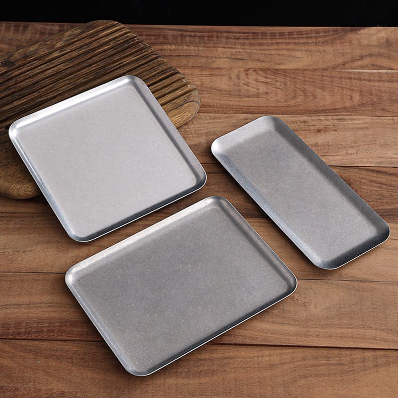 Retro old stainless steel plate snowflake sand rectangular plate barbecue hot pot restaurant shallow square plate custom pattern