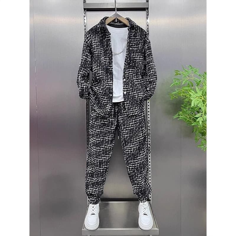 Cross-border Set Men's Thickened Tweed-Style Jacket and Shirt Fashion Sports Casual Two-Piece Loose Fit Jacket