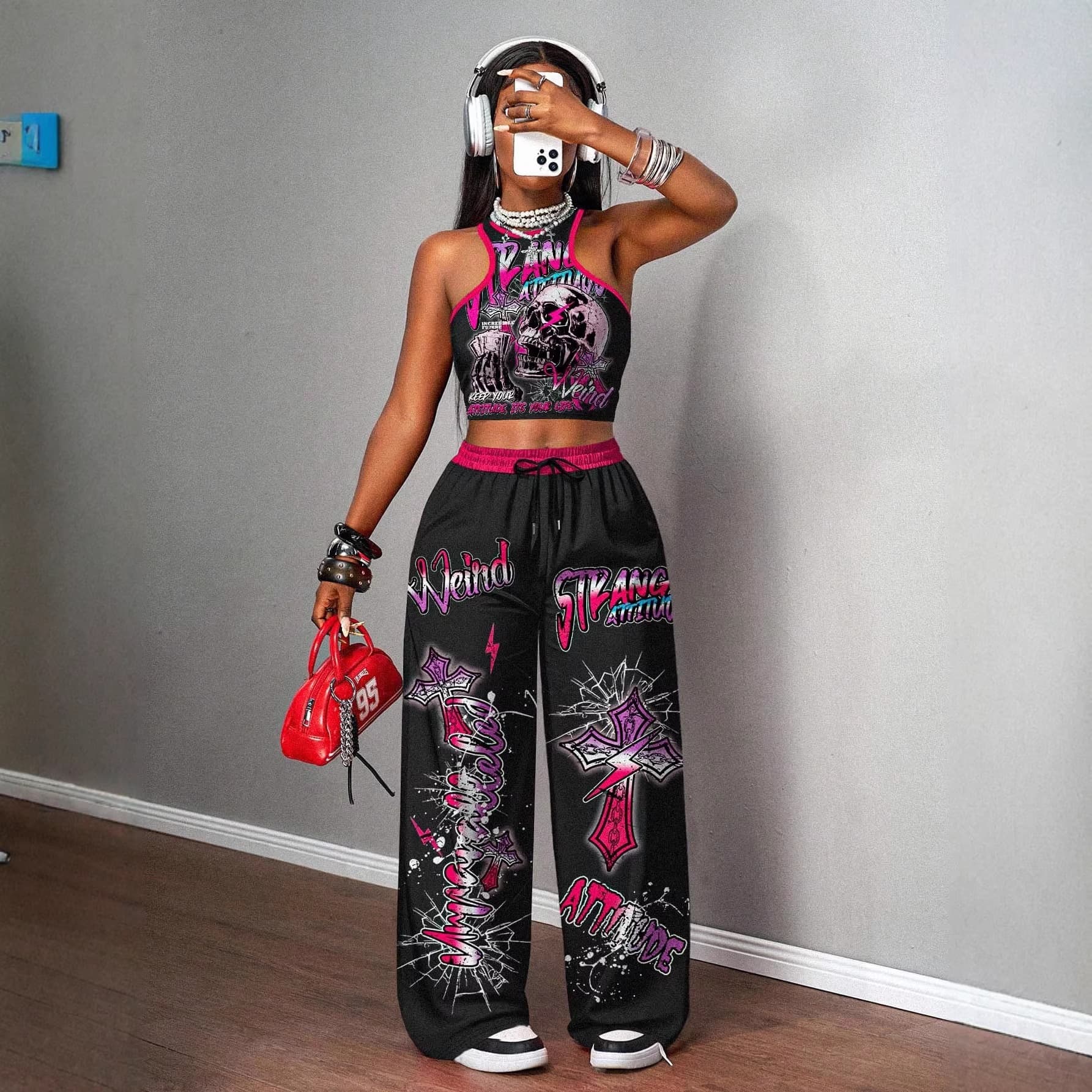 2025 New Y2K Style Casual Women's Set with Graffiti Print Including Fitted Top and Loose Pants