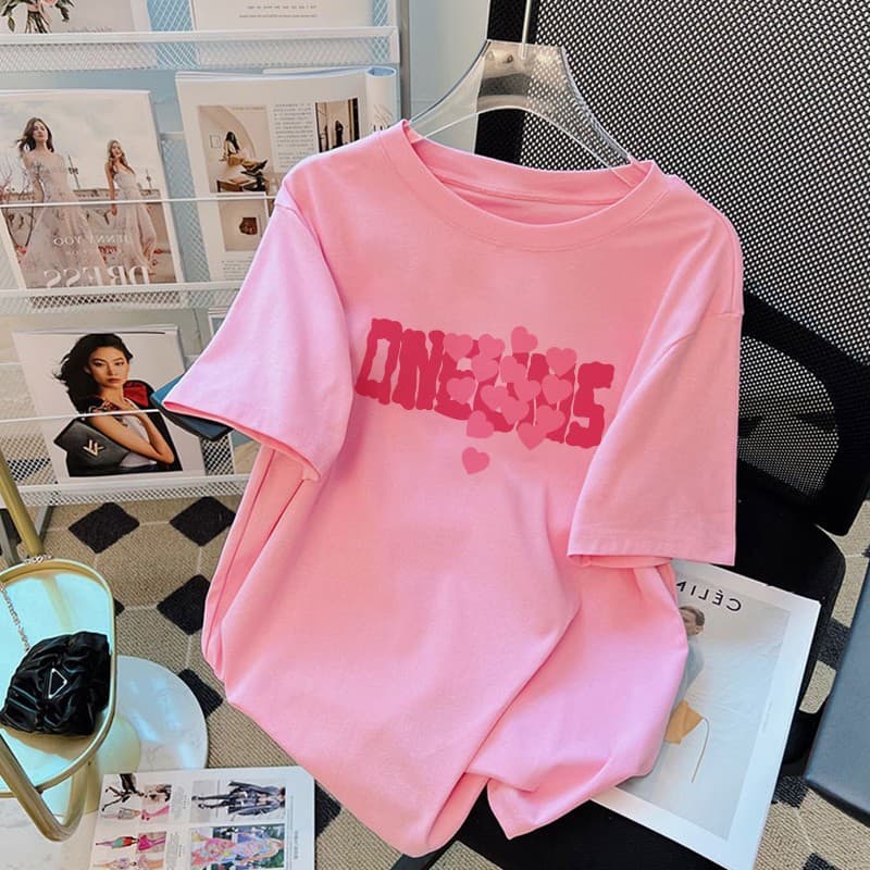 Pink Pure Cotton Short Sleeve T-Shirt Women Summer 2025 New European Style Plus Size Fitted Tee