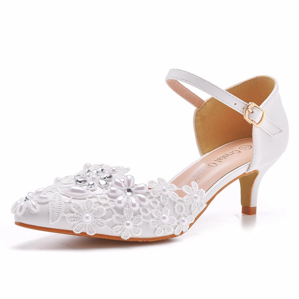 5cm Hollow Pointed Toe Sandals, Low to Medium Heel Mary Jane Sandals, White Lace Beaded Wedding Shoes, Bride Wedding Shoes