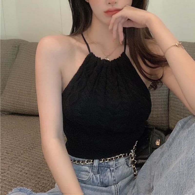 2024 Summer Halter Neck Knit Tie-Waist Sexy Short Camisole for Women, Hot Girl Tank Top, Innerwear or Outerwear