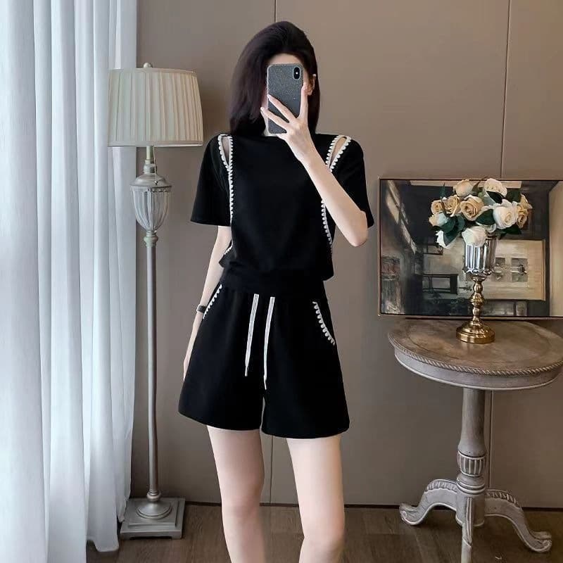 2026 Summer New Casual Sportswear Set Women Lace Collar Off-Shoulder Shorts Short Sleeve Two-Piece Set Export