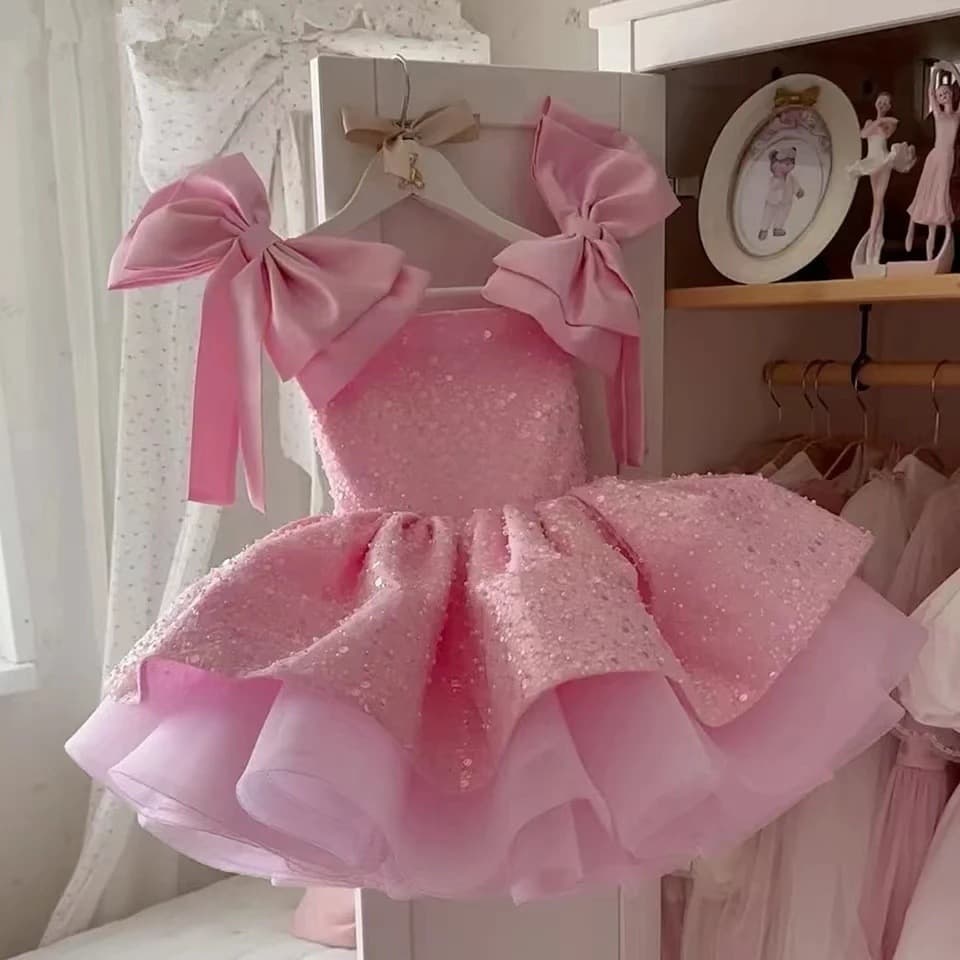 Girls Pink Big Bow Puff Sleeve Dress Birthday Flower Girl Princess Dress Exam Grade Fluffy Gauze Performance Costume