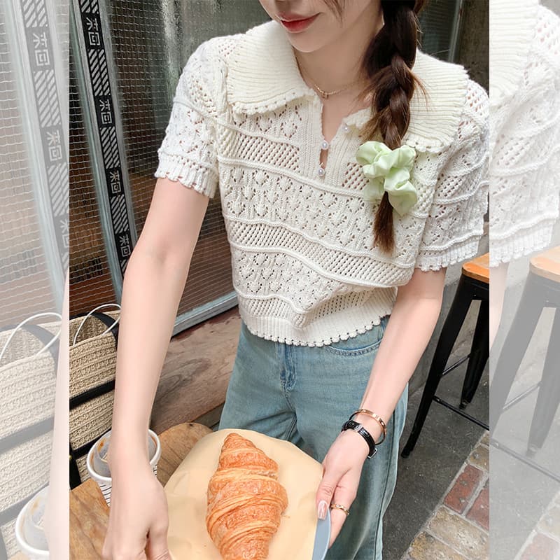 New Summer Knit Base Top for Women, Designed with Crochet Hollow Out, Short Pullover Sweater, Fairy Style