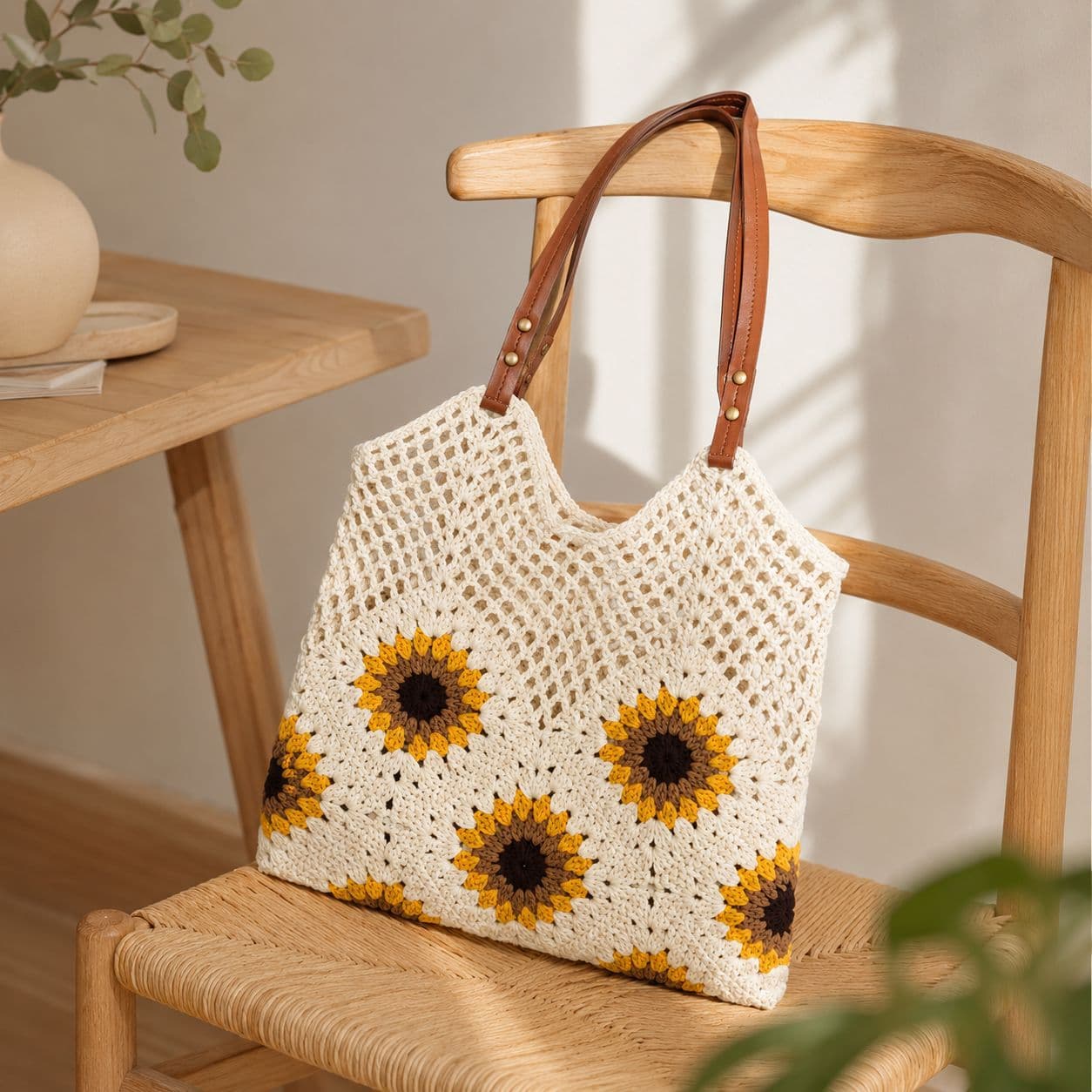 Rustic Woven Women's Large Capacity Cotton Tote Bag New Hollow Lazy Style Shoulder Bag Vacation Beach Bag for Women