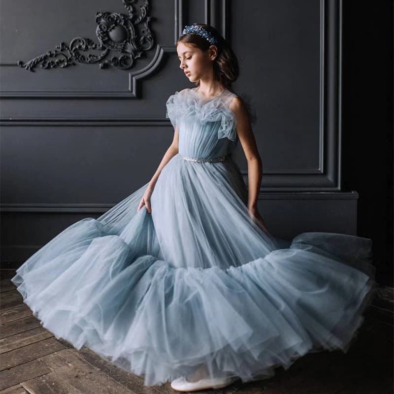 Children's dress 2023 new children's clothing spring blue gauze dress baby dress catwalk girl princess dress