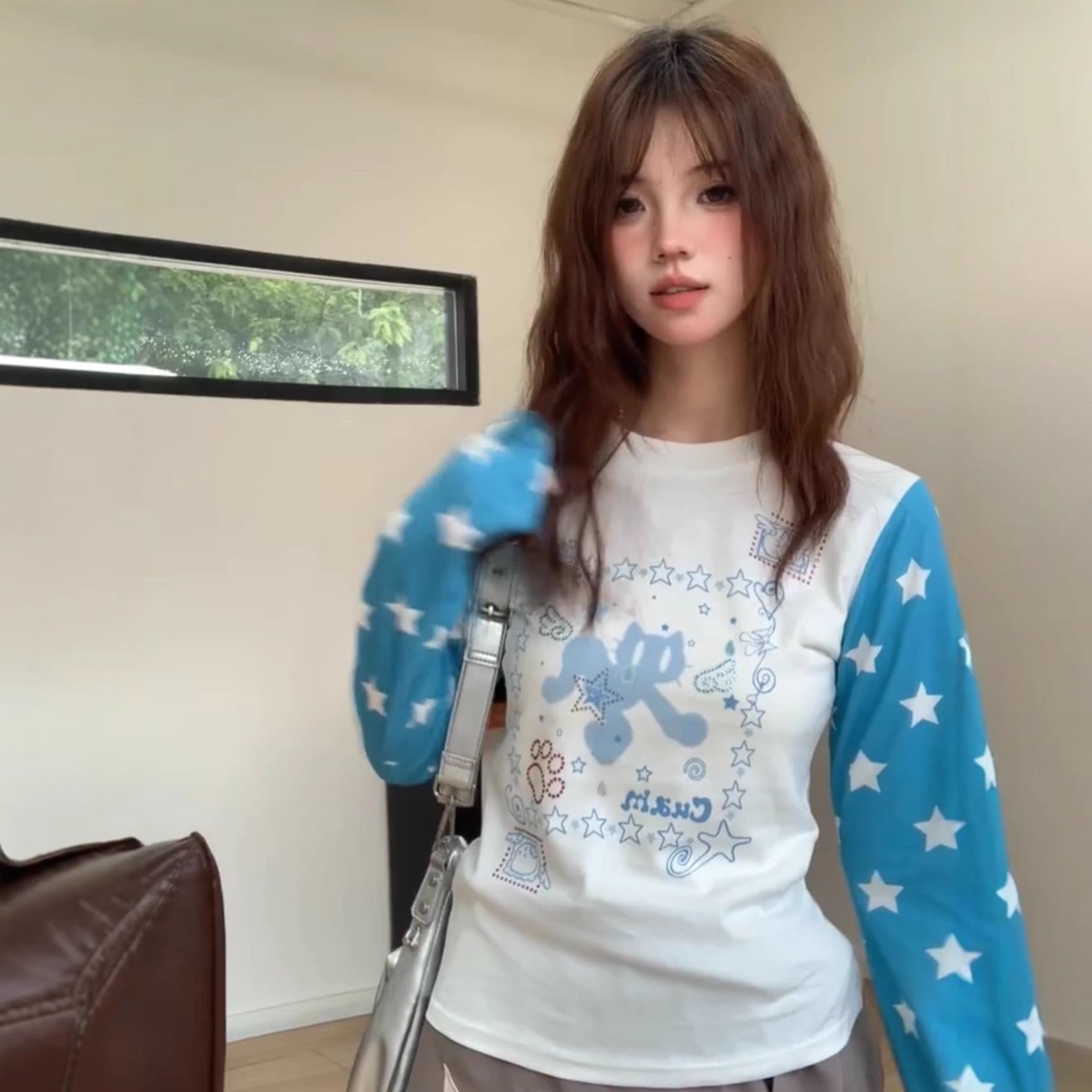American Retro Y2K Light Contrast Star Print Long-Sleeve T-Shirt for Women, Early Fall New Slimming Short Top