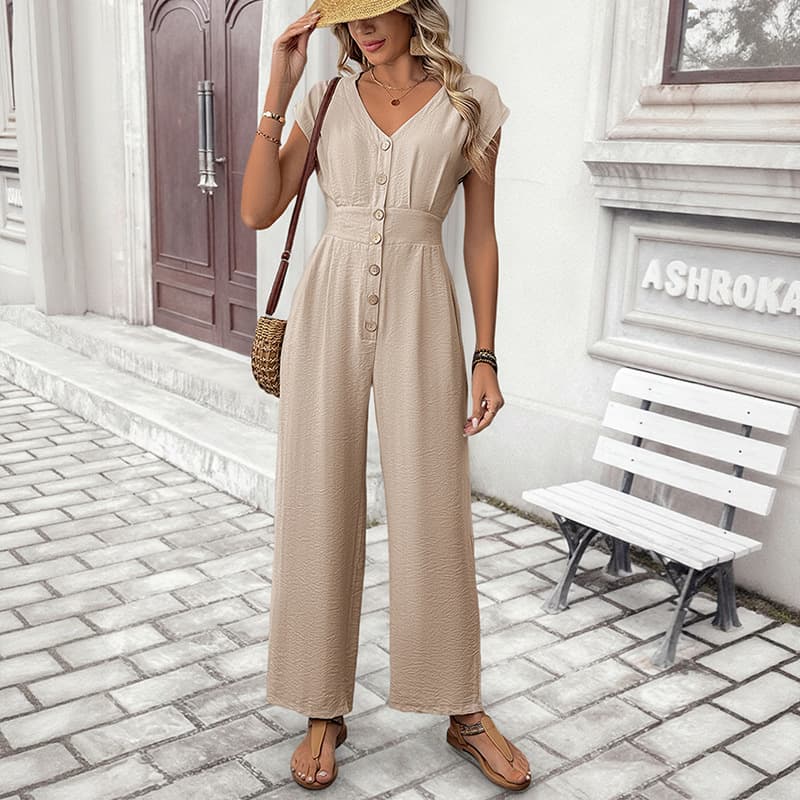 Yiyi foreign trade new summer jumpsuit European and American cross-border casual v-neck solid color high waist wide leg jumpsuit