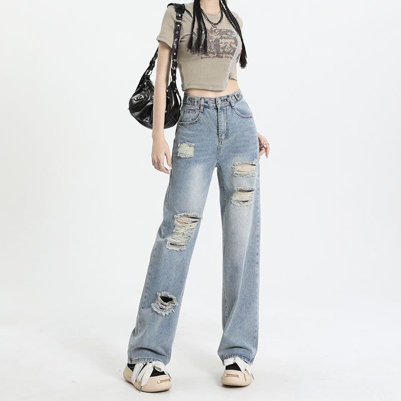 Adjustable ripped narrow wide-leg jeans for women high-waisted summer 2025 loose and drapey floor-length straight pants trend