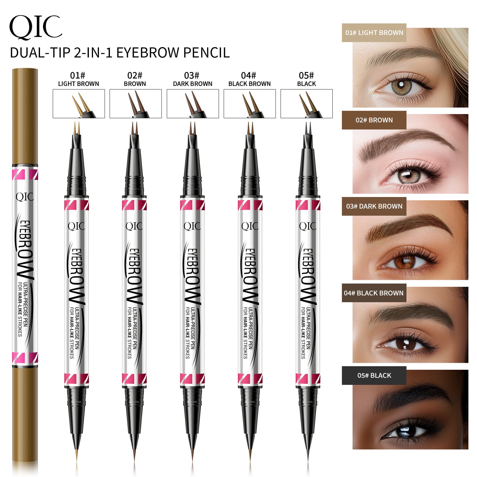 QIC2 Eyebrow Pencil Dual-Ended 2-in-1 Waterproof Long-Lasting Natural Liquid Eyebrow Pencil with Brush 5D Eyebrow Pencil