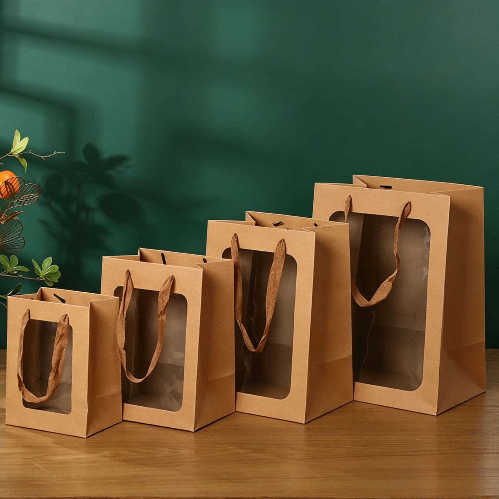 Cross-border Custom Vintage Kraft Paper Window Gift Bag Transparent Display Flower Souvenir Handbag Paper Bag Wholesale