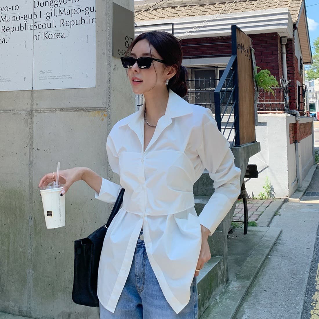 Dongdaemun ins early spring niche design breast-wrapped fake two-piece casual shirt top with bow ties on the back