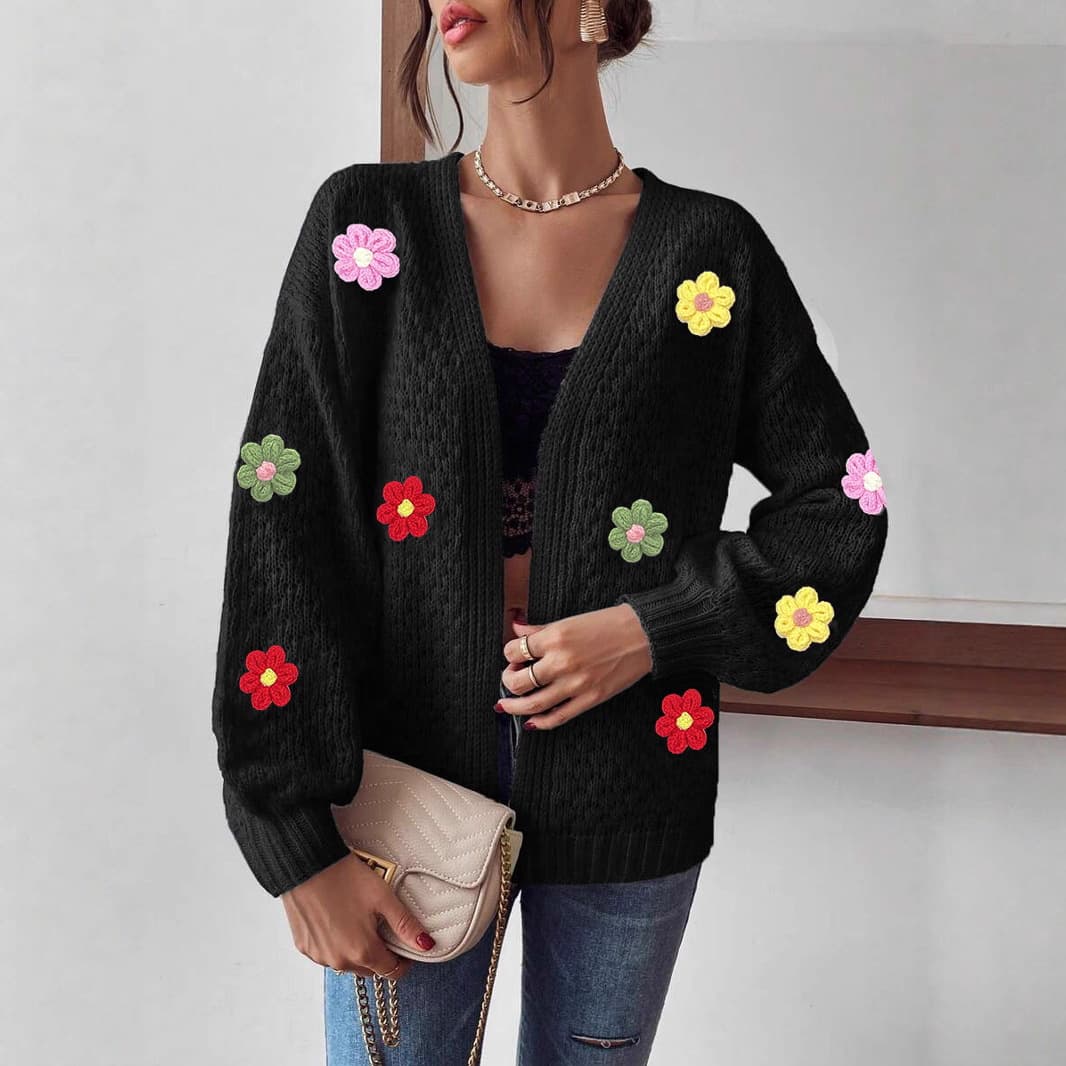 2025 New Cross-Border European and American Women's Autumn/Winter Long Sleeve Drop Shoulder Floral Jacquard Knit Sweater Coat