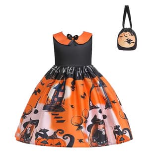 Halloween Kids Girls Dress Black Princess Gown Cross-Border Printed Princess Dress Witch Dress Cosplay