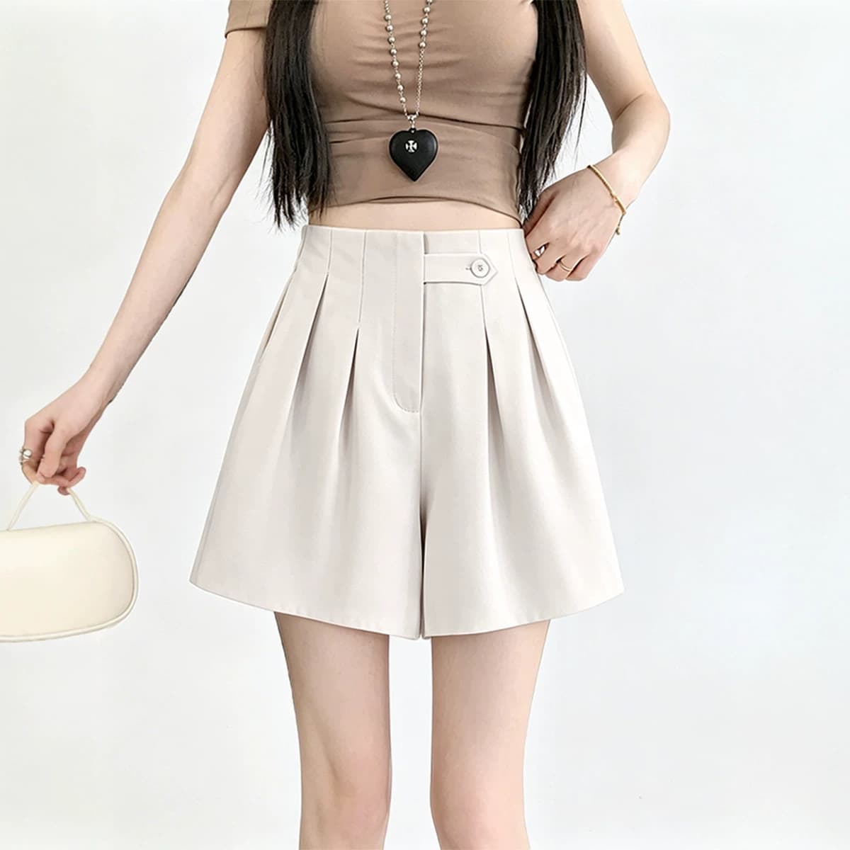 Summer high-waist suit shorts women's A-line slim mid-pants black casual thin ice silk drapey wide-leg five-point pants