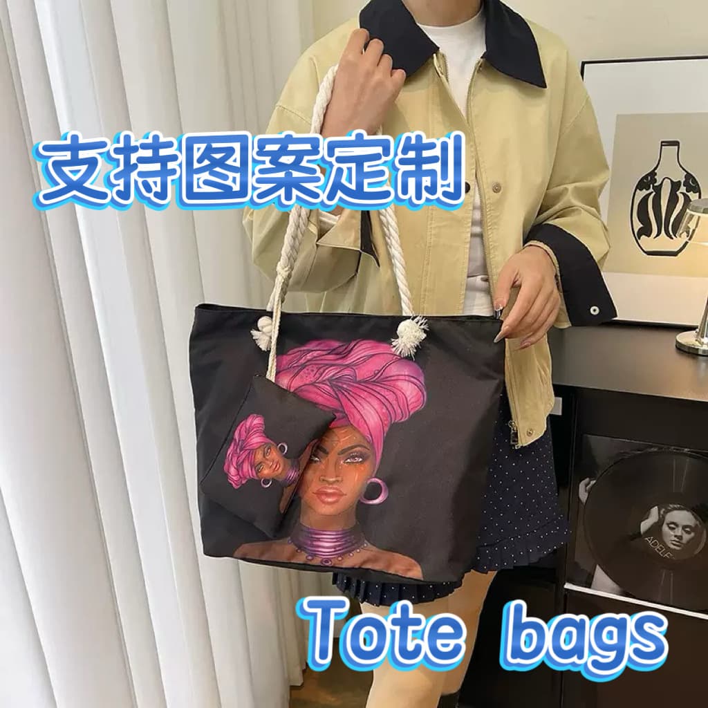 Tote Bags Black Beauty Bag Cartoon Big Face Girl Nylon Handbag Beach Large Capacity Mother-Child Single Shoulder Women's Bag