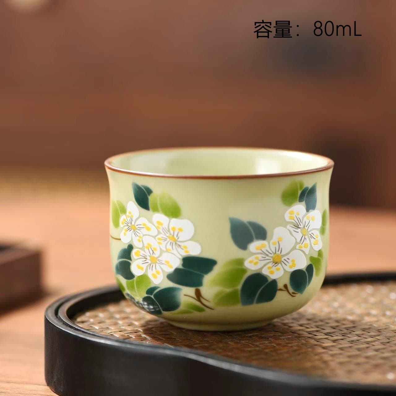 Chinese Style Rice Yellow Ru Kiln Flower and Bird Tea Cup Host Cup Guest Cup Crackle Glaze Developable Tea Tasting Cup Ceramic Tea Set Kung Fu Tea Set