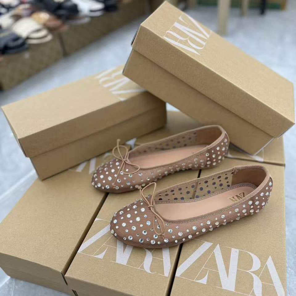 ZA summer 2024 new fashion versatile women's shoes beige bow decorated with baby's breath ballet style flat shoes comfortable