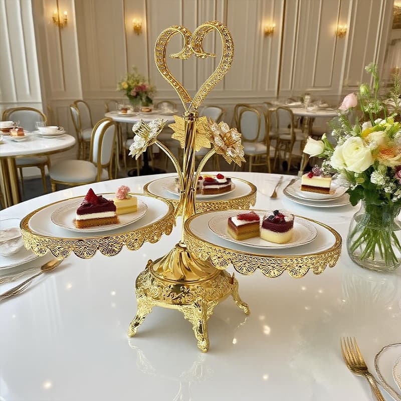 European Light Luxury Gold Multi-Tier Dessert Stand High-End Indoor Outdoor Afternoon Tea Dessert Tray for Restaurant Hotel Presentation
