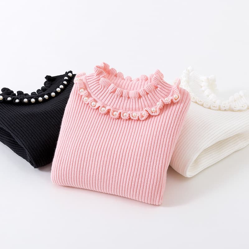 Girls Fleece-Lined Knitwear with Pearl Collar, Half High Neck, Winter Base Layer, Solid Color, Versatile, Mid to Large Children