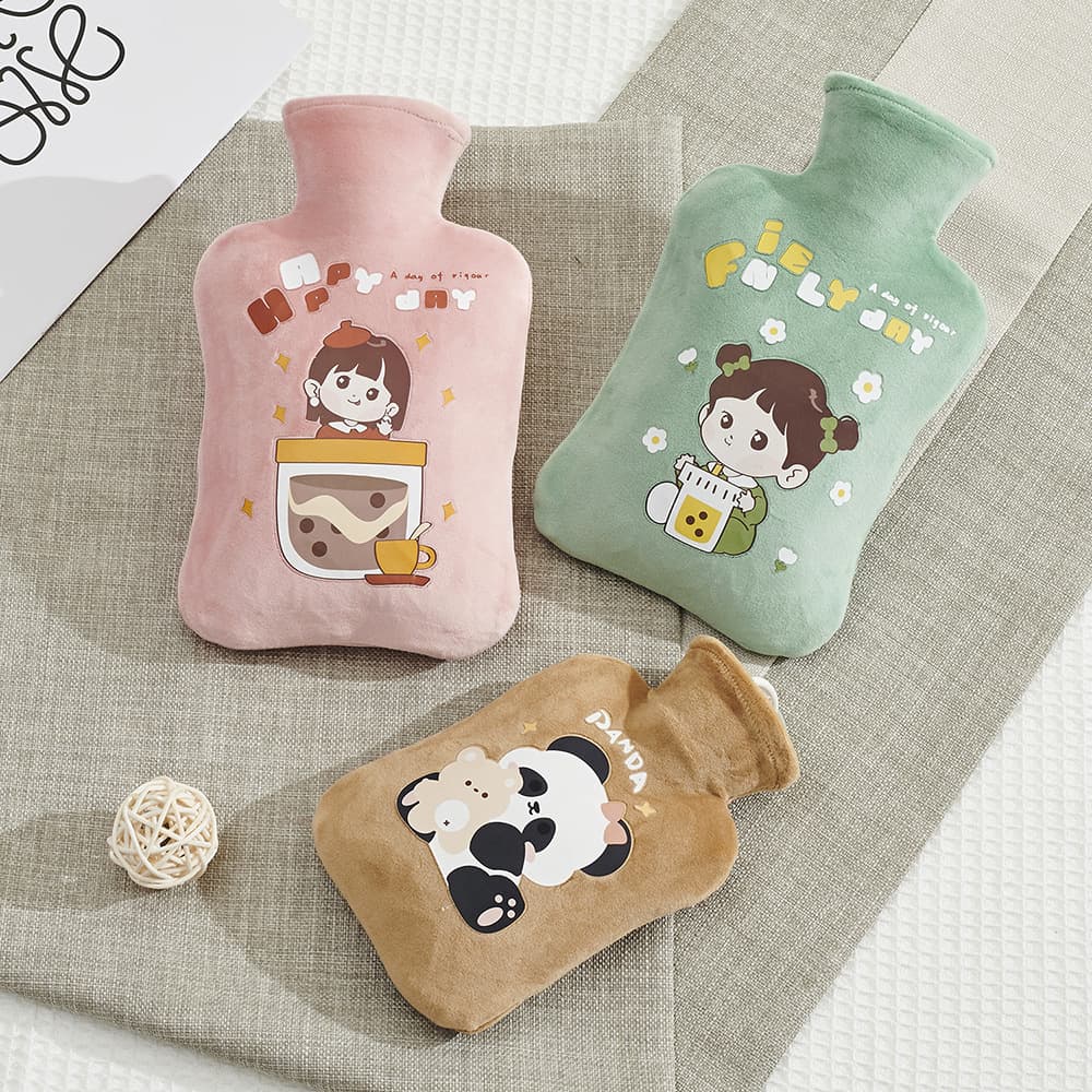 Explosion-proof water-filled hot water bottle PVC heating water bag removable and washable printed plush cloth cover girls heating handbag for winter heating