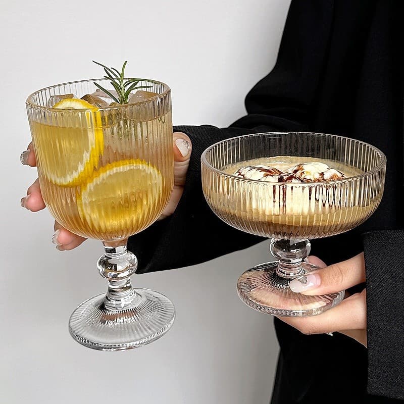 Vintage Ins Style Vertical Ribbed Stemmed Glass for Ice Cream, Dessert, Cold Drinks, and Yogurt