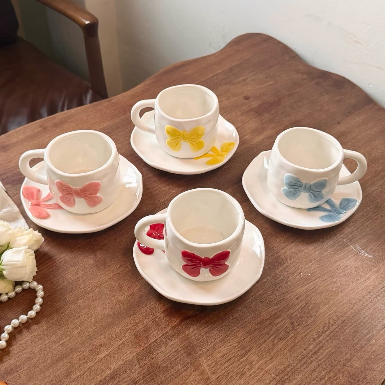 Hand-Painted Irregular Ceramic Coffee Cup and Saucer, Ins-Style Girly Embossed Bow Ceramic Cup, Cross-Border