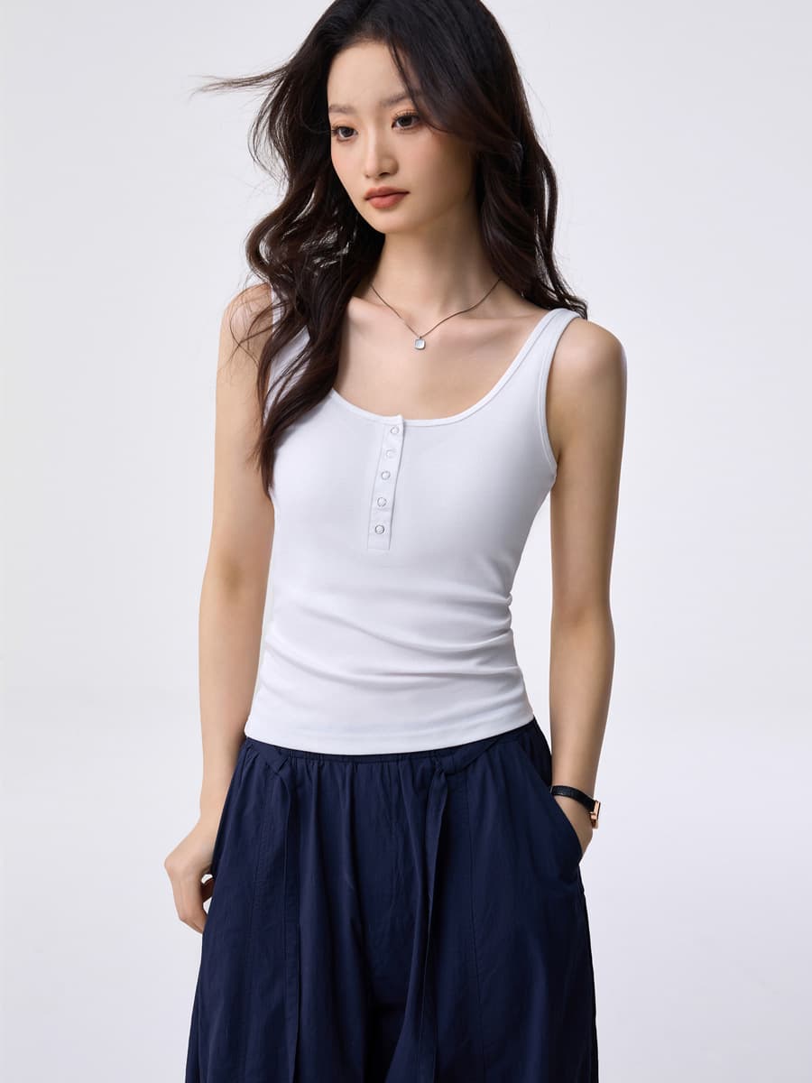 40-count combed pure cotton square neck Henley button camisole for women, new summer style, slim fit, flattering base layer top.