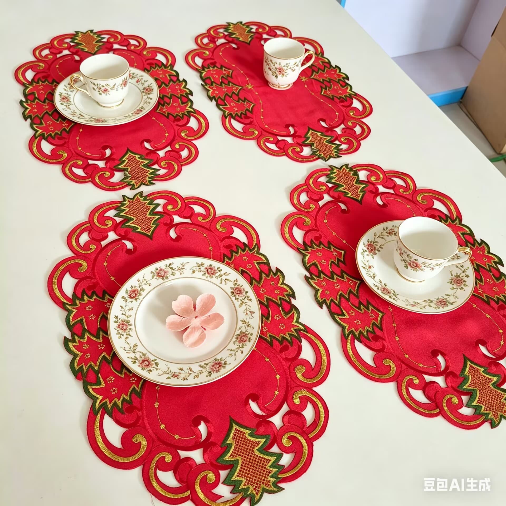 Factory Wholesale Christmas Floral Embroidery Hollow Placemat European Style Christmas Pine Tree Holiday Plate Cloth Santa Claus Table Flag